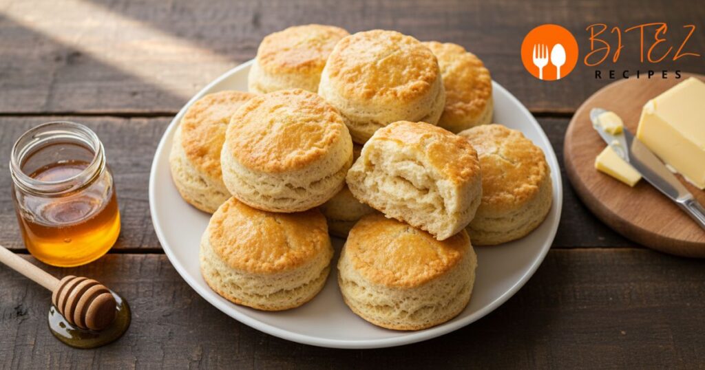 Freshly baked 3 ingredient biscuits served on a wooden table with butter and honey.