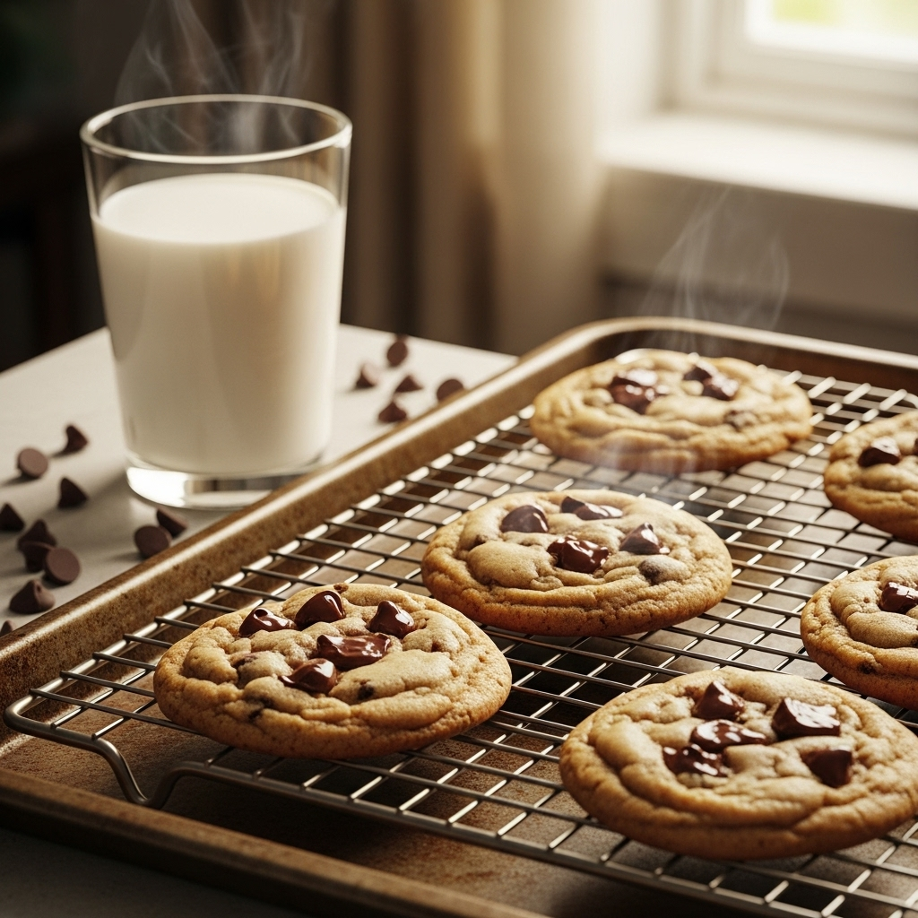 Freshly baked chocolate chip cookies on a wire rack with melted chocolate chunks and a glass of milk.