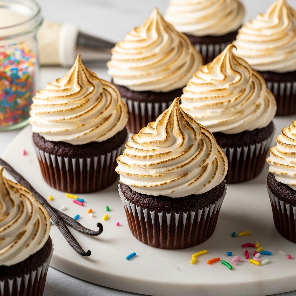 Chocolate cupcakes decorated with swirled hot frosting, toasted for a golden finish.