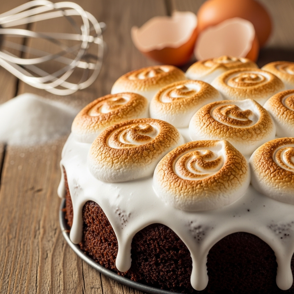 Fluffy hot frosting spread on a chocolate cake with glossy peaks, perfect for cakes and cupcakes.