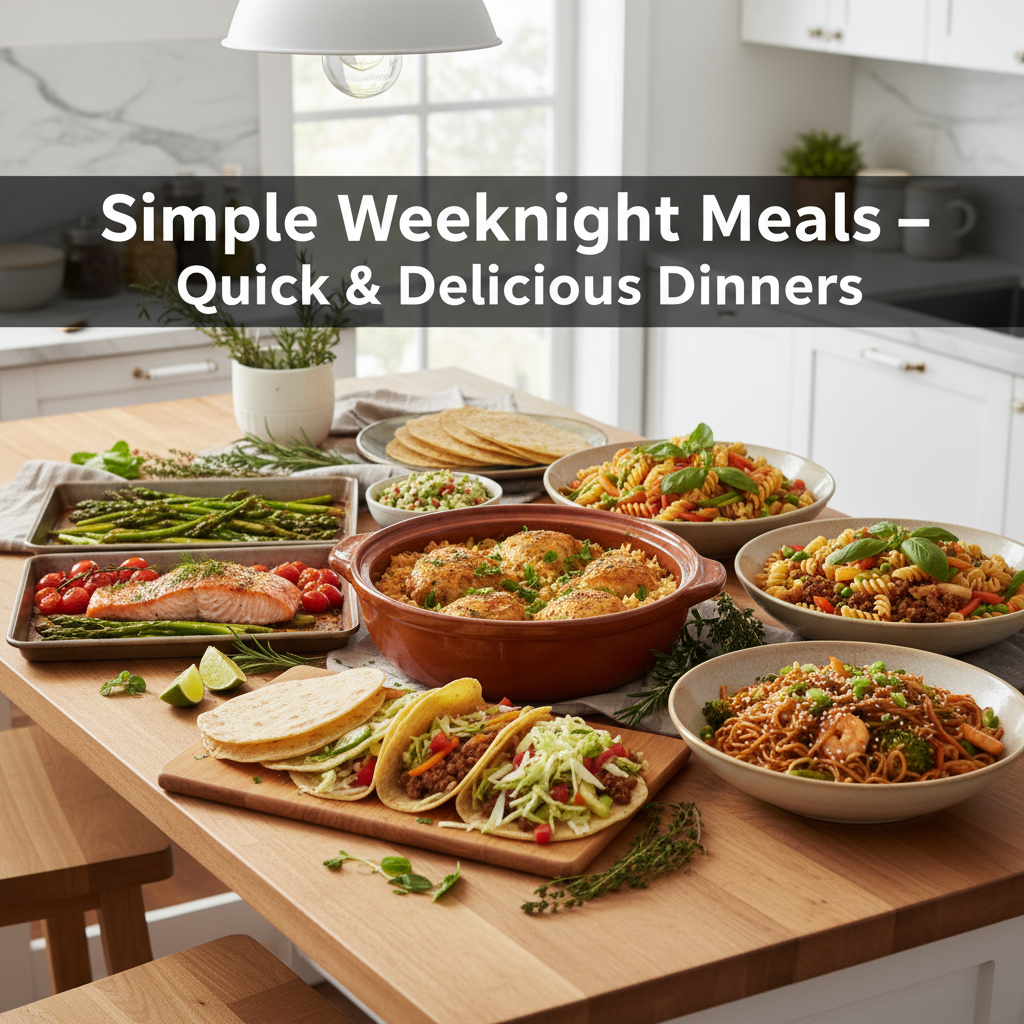 A variety of simple weeknight meals displayed on a kitchen table, including chicken and rice, salmon, tacos, pasta, and noodles.