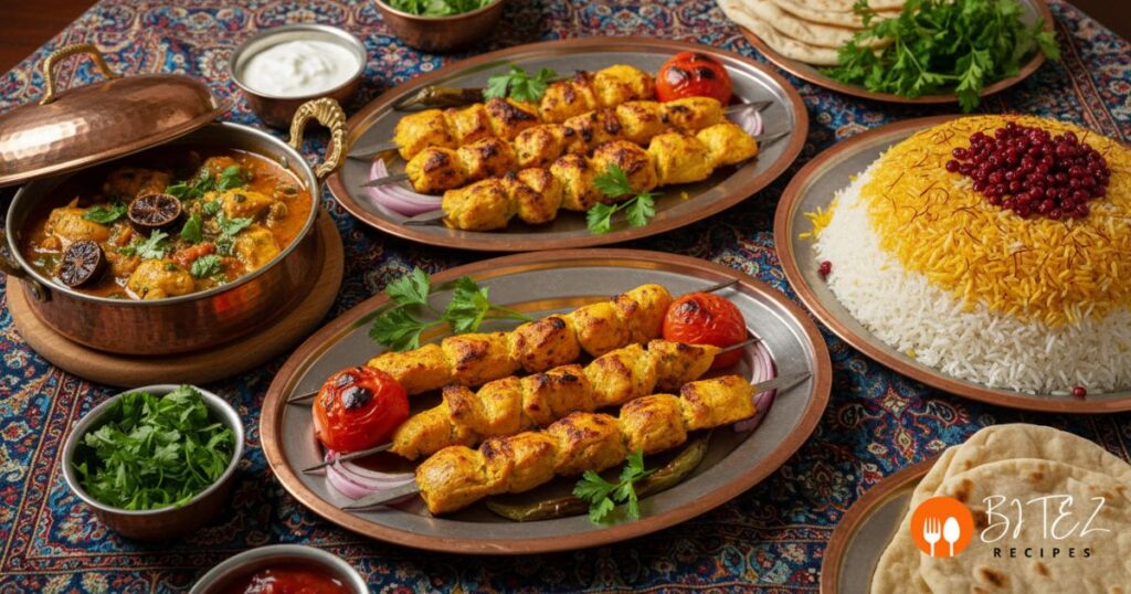 Authentic Persian chicken recipes with saffron kebabs, herb stew, and rice with barberries