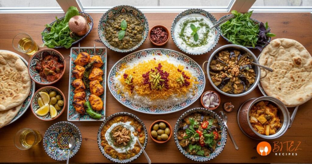 Authentic Persian food recipes with saffron rice, chicken kebabs, eggplant stew, and Ghormeh Sabzi on a traditional table