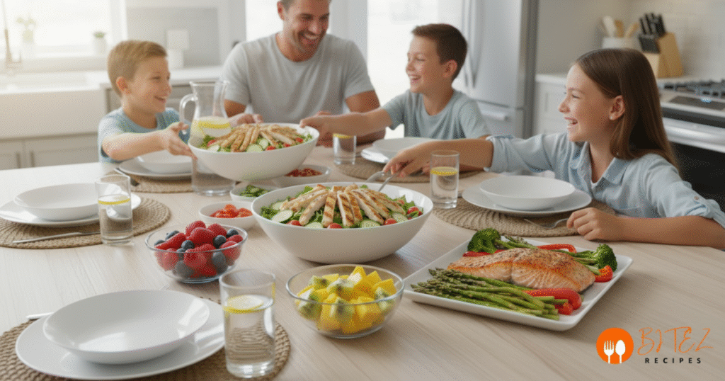 Benefits of following New Life Promise recipes with family enjoying healthy meals together.