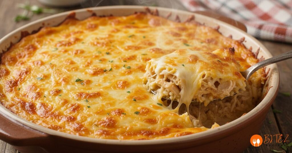 Freshly baked chicken and rice casserole with melted cheese.