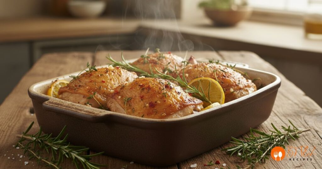 Juicy oven baked chicken thighs with golden crispy skin.