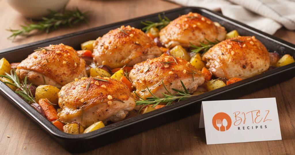 Chicken thigh recipes in oven with crispy golden skin and herbs.
