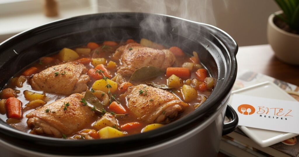 Slow cooker chicken thigh recipes with vegetables in broth.