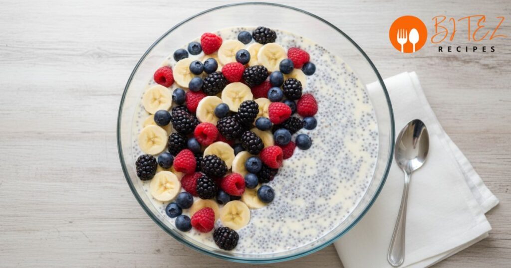 Classic Fruit with Pudding Recipe with mixed fruits and vanilla pudding in a serving bowl.