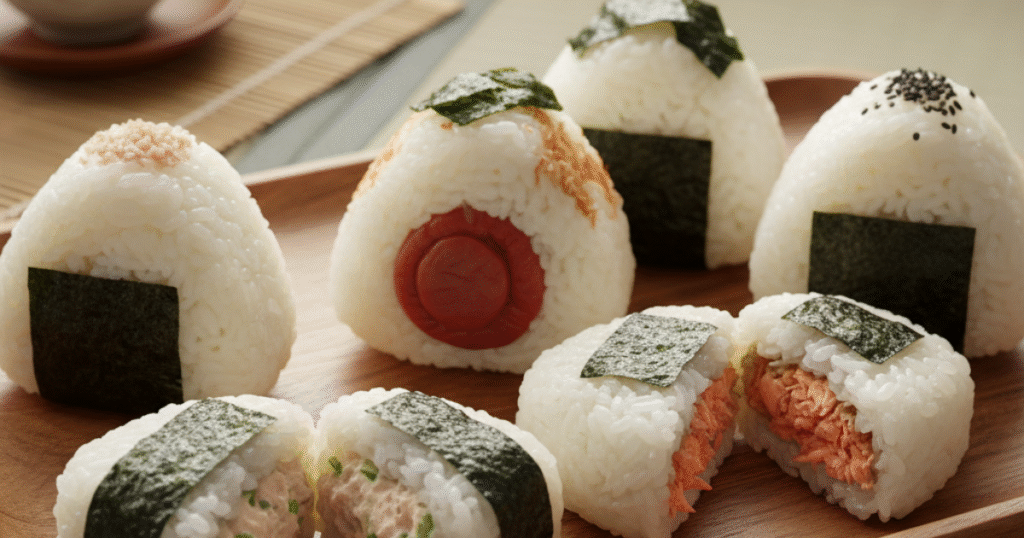 Classic onigiri rice balls with tuna mayo, salmon, and umeboshi fillings.