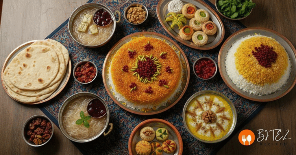 Classic Persian rice dishes including saffron rice with tahdig, zereshk polo, and sabzi polo