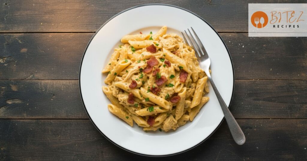Crack chicken pasta with creamy sauce, bacon, and parsley.