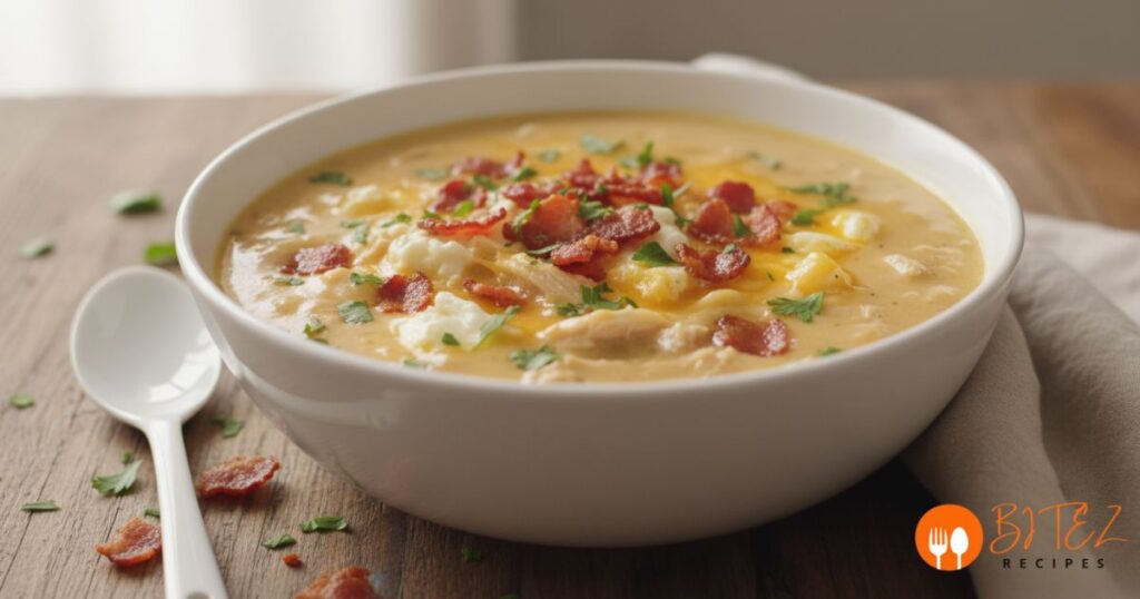 Bowl of creamy crack chicken soup topped with bacon and parsley.