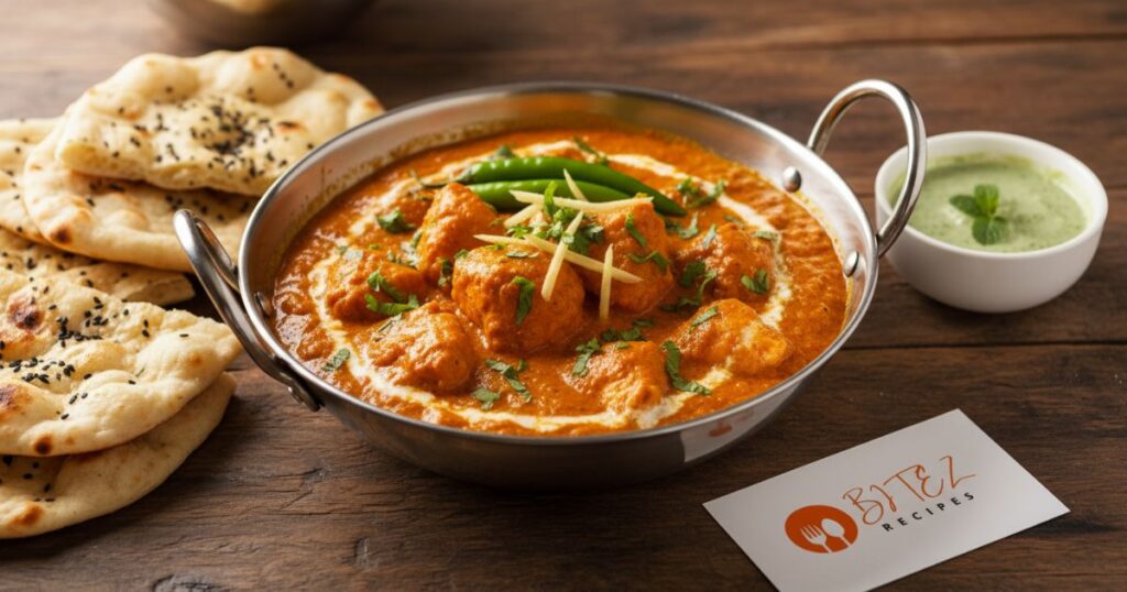 Creamy chicken karahi served in a wok with naan and mint chutney.