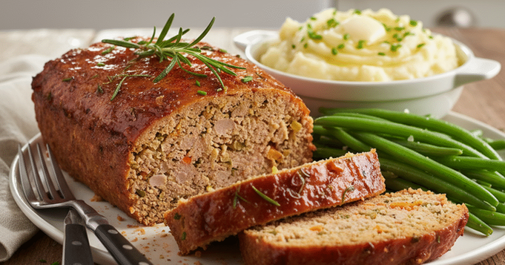 Golden brown homemade meatloaf sliced open, served with mashed potatoes and green beans on a rustic wooden table.