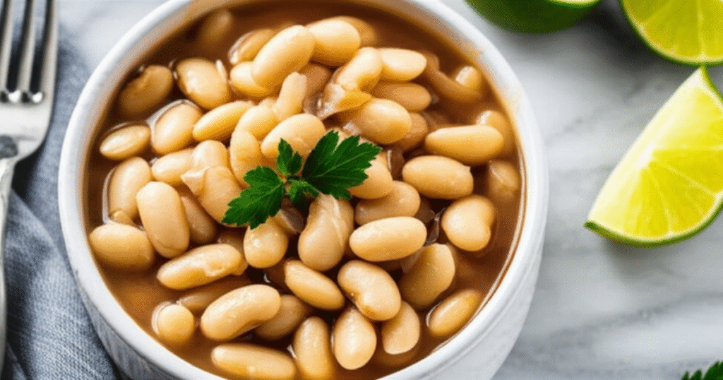 Healthy northern beans recipe with cooked great northern beans garnished with parsley and black pepper on a wooden table.