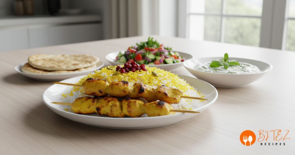 Easy Persian food recipes for beginners including saffron rice, chicken kebabs, Shirazi salad, and yogurt dip