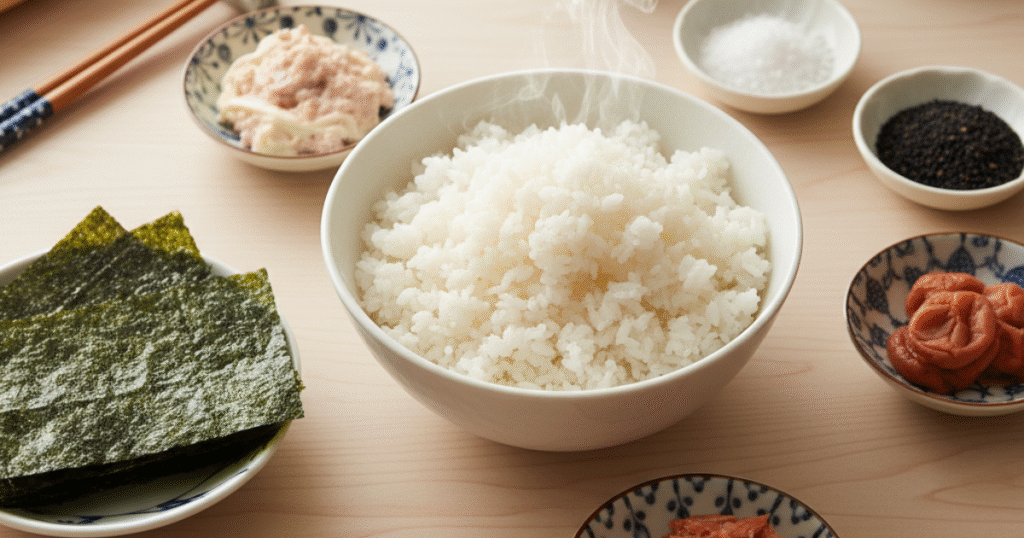 Essential ingredients for making onigiri, including rice, nori seaweed, and traditional fillings.