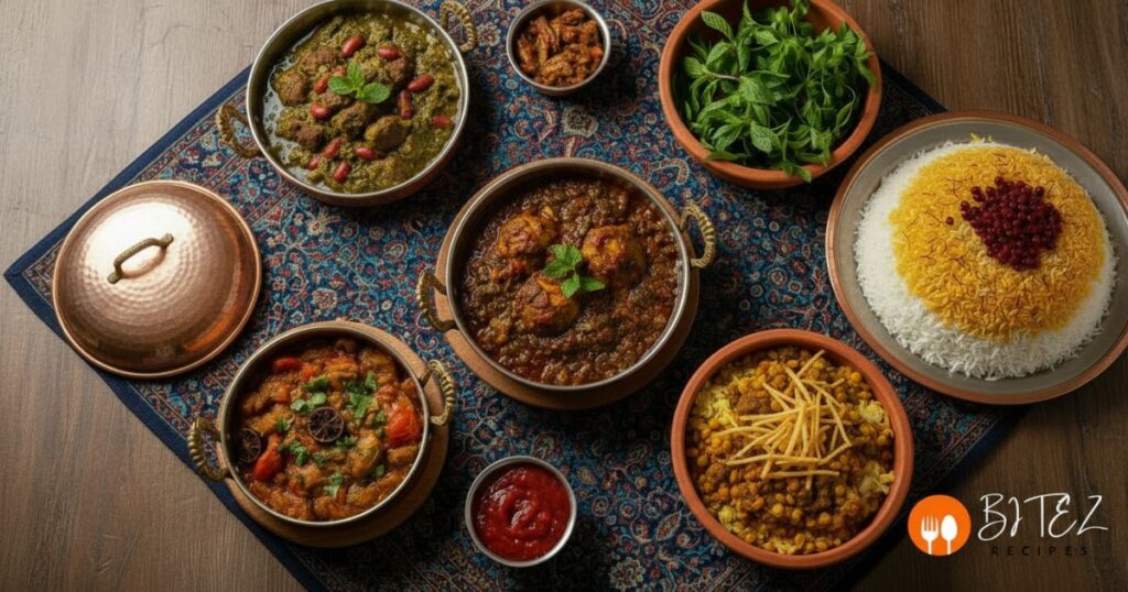 Famous Persian stews including Ghormeh Sabzi, Fesenjan, and Gheimeh served with saffron rice