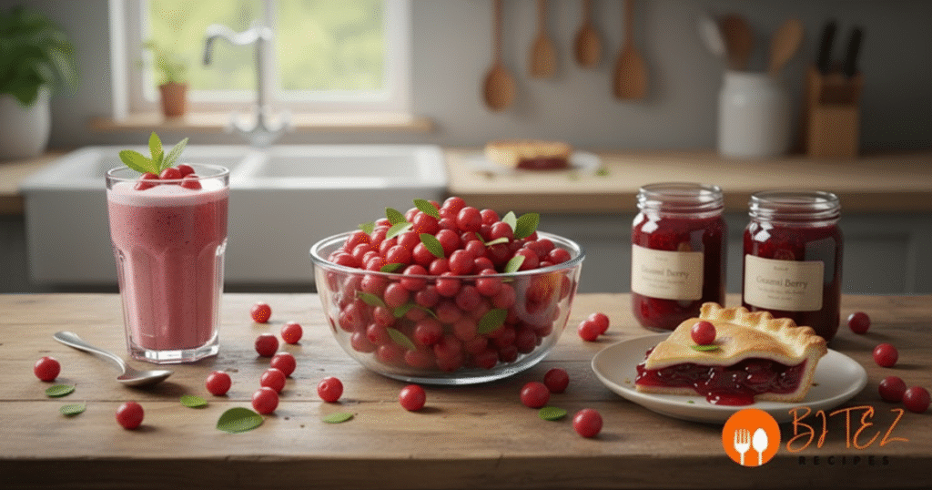 Goumi berry taste and uses in recipes shown with fresh goumi berries, pie, jam, and smoothie
