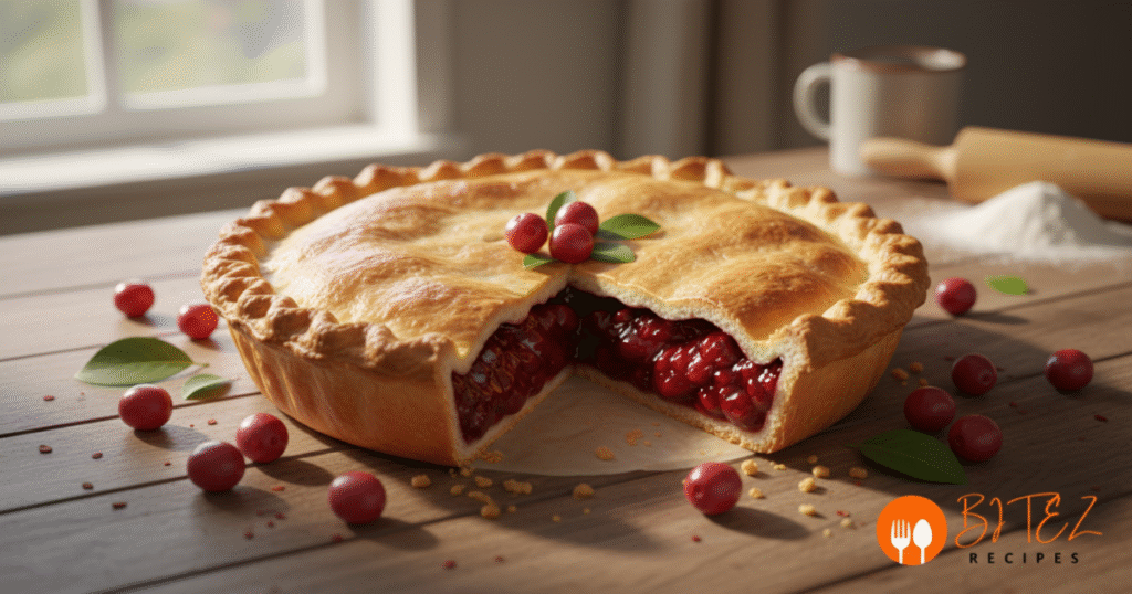 Freshly baked goumi pie with juicy goumi berries on a wooden table, slice showing filling