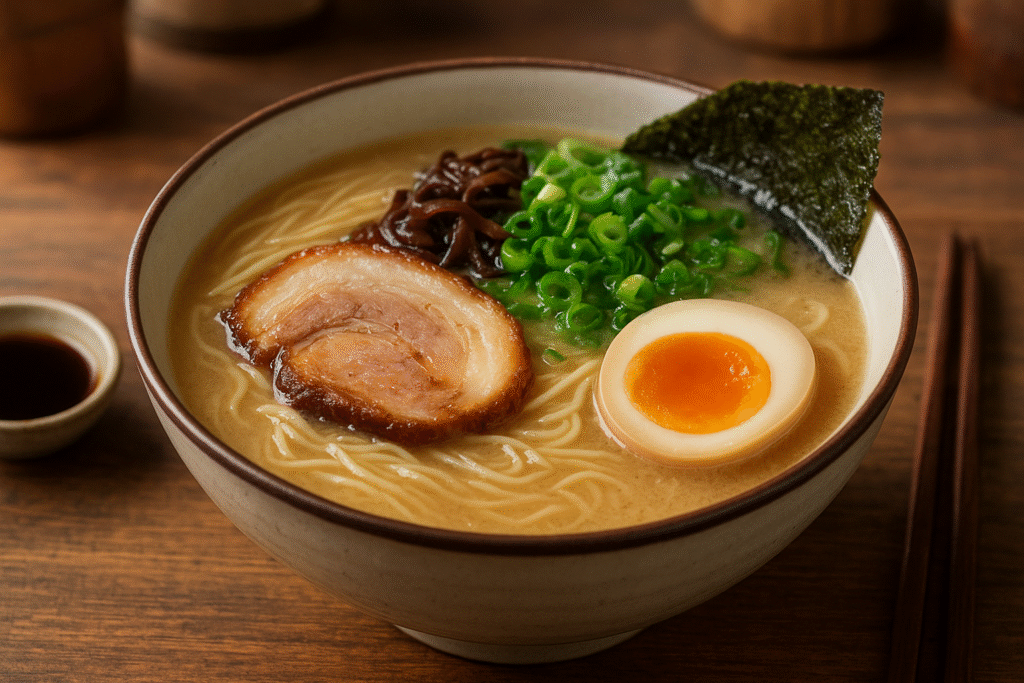 Steaming bowl of Hakata ramen with tonkotsu broth, thin noodles, soft-boiled egg, chashu pork, mushrooms, scallions, and nori.