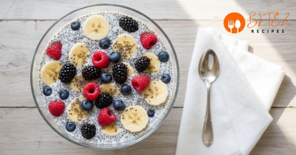 Healthy fruit pudding with berries, bananas, chia seeds, and vanilla pudding in a glass bowl.
