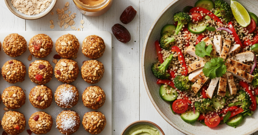 healthy snack with protein balls and protein bowl on a table