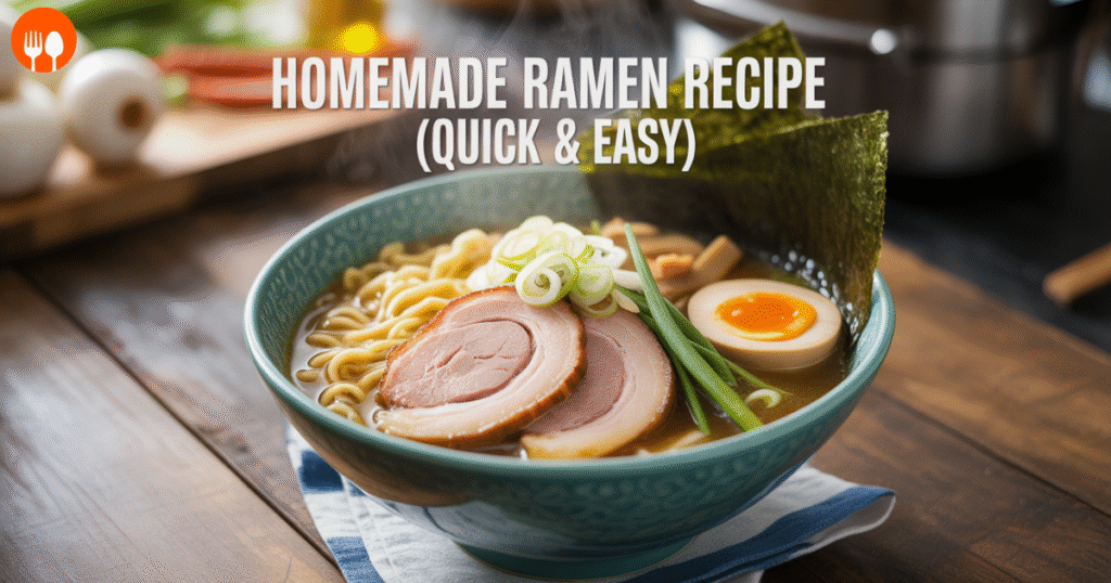A steaming bowl of homemade ramen with noodles, soft-boiled egg, vegetables, and broth.
