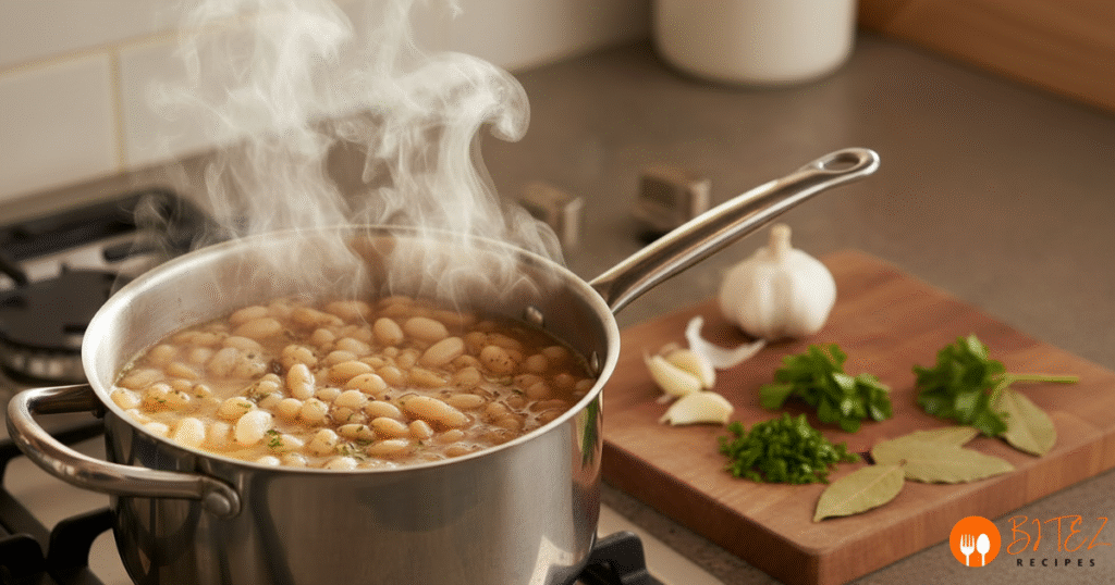 Pot of northern beans cooking on the stove with fresh herbs and garlic nearby.