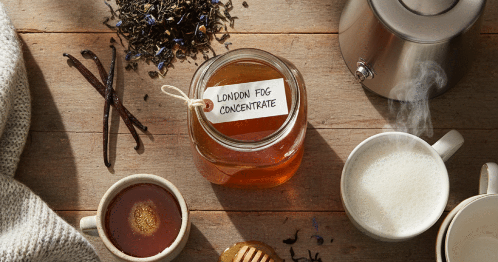 Homemade London Fog Tea Concentrate Recipe with Earl Grey tea, vanilla, and honey