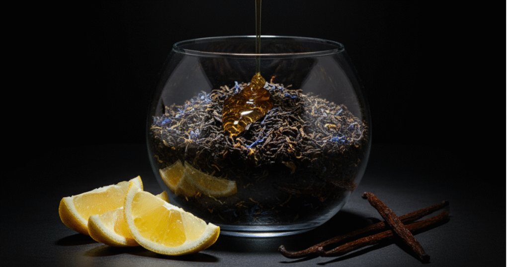 Stylish Earl Grey tea concentrate ingredients on dark background