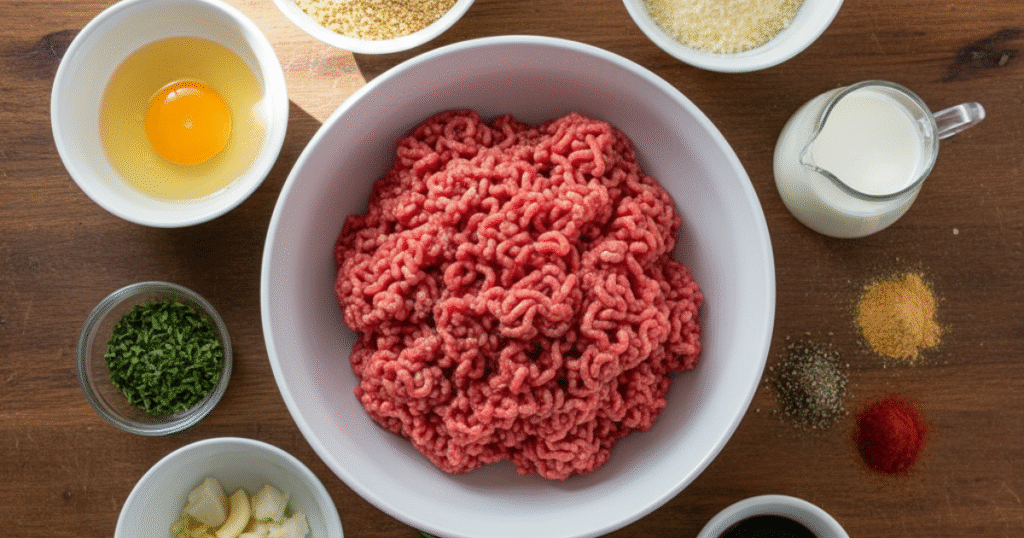 Fresh ingredients for easy meatloaf recipe including ground beef, breadcrumbs, egg, cheese, milk, and spices on a wooden counter.