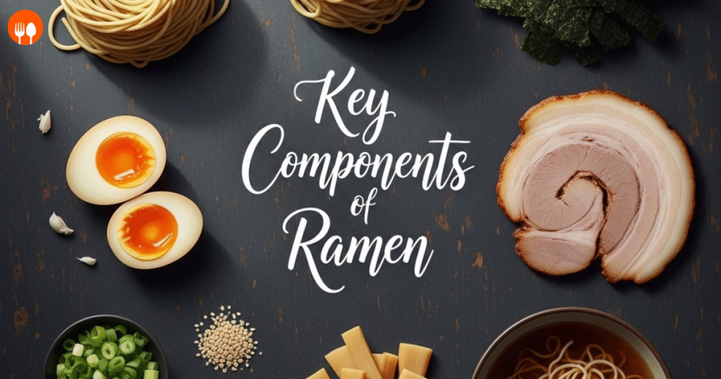 Close-up of ramen recipe ingredients including noodles, broth, vegetables, and egg in a bowl.
