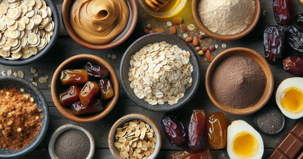 Rolled oats, peanut butter, dates, cocoa powder, honey, protein powder, chia seeds, and coconut displayed for making protein balls as a healthy snack.