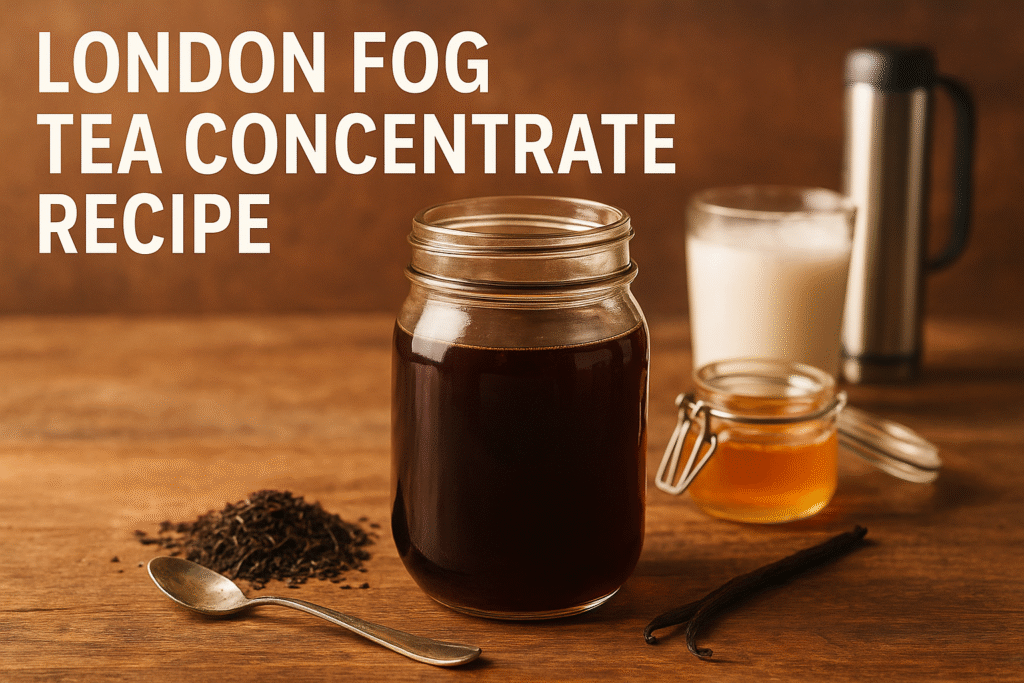 Homemade London Fog tea concentrate in a glass jar with Earl Grey leaves, vanilla pods, honey, and milk frother on rustic table.
