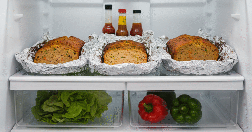 Make-ahead and storage instructions for meatloaf with slices stored in containers and foil wraps.