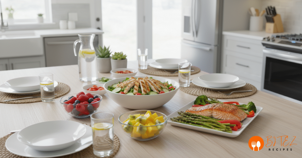 Healthy meals from the New Life Promise recipes by Isabel Price including salmon, salad, and fresh fruit.