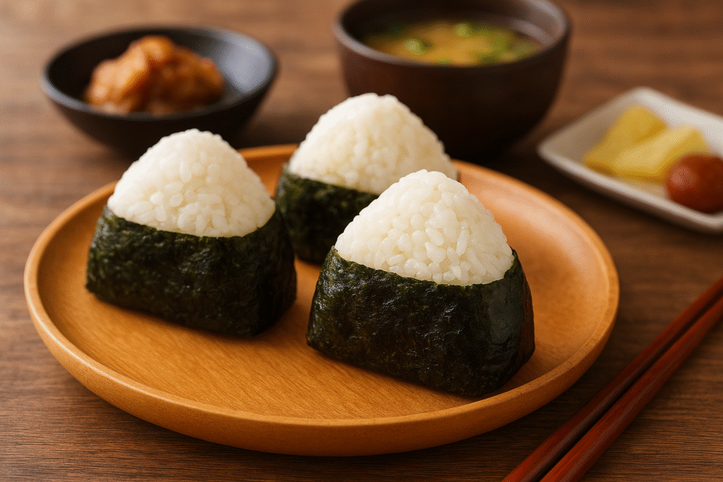 Close-up of three homemade onigiri rice balls wrapped with nori seaweed on a wooden plate.