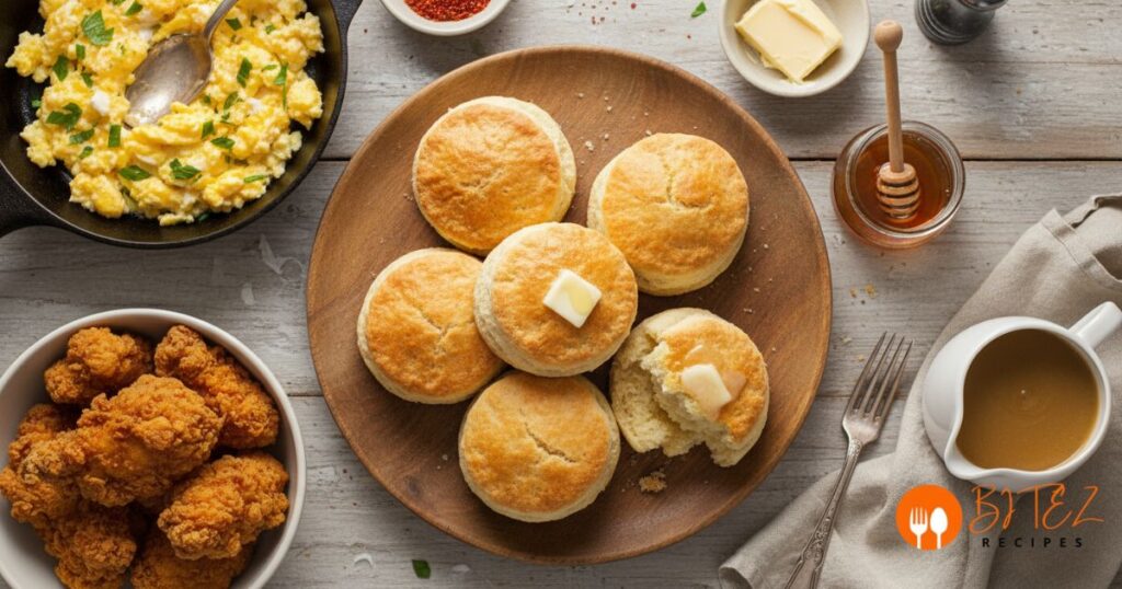 Pairing ideas for a 3 ingredient biscuit recipe with butter, honey, eggs, and chicken.