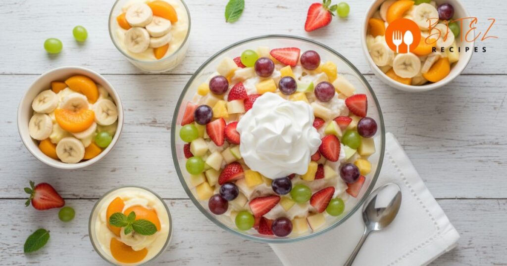 Popular fruit and pudding recipes served in bowls with fresh fruits and vanilla pudding mix.