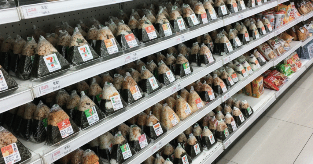 Onigiri Recipe varieties displayed in Japanese convenience stores with different fillings.