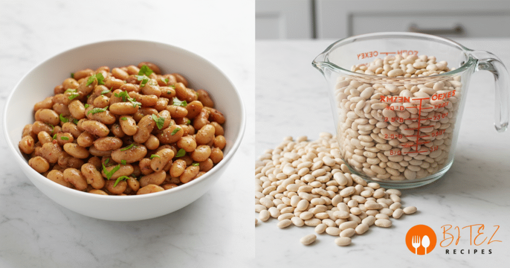 Comparison of cooked northern beans and raw northern beans showing pros and cons of the recipe.