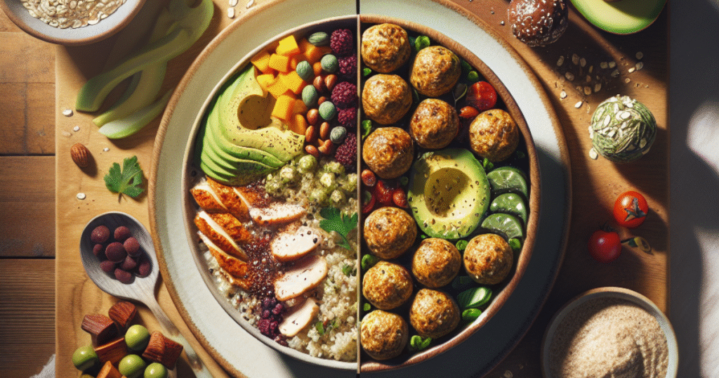 Protein bowl with chicken, avocado, and vegetables next to a plate of protein balls made with oats and peanut butter, text overlay reads Protein Bowls vs Protein Balls.
