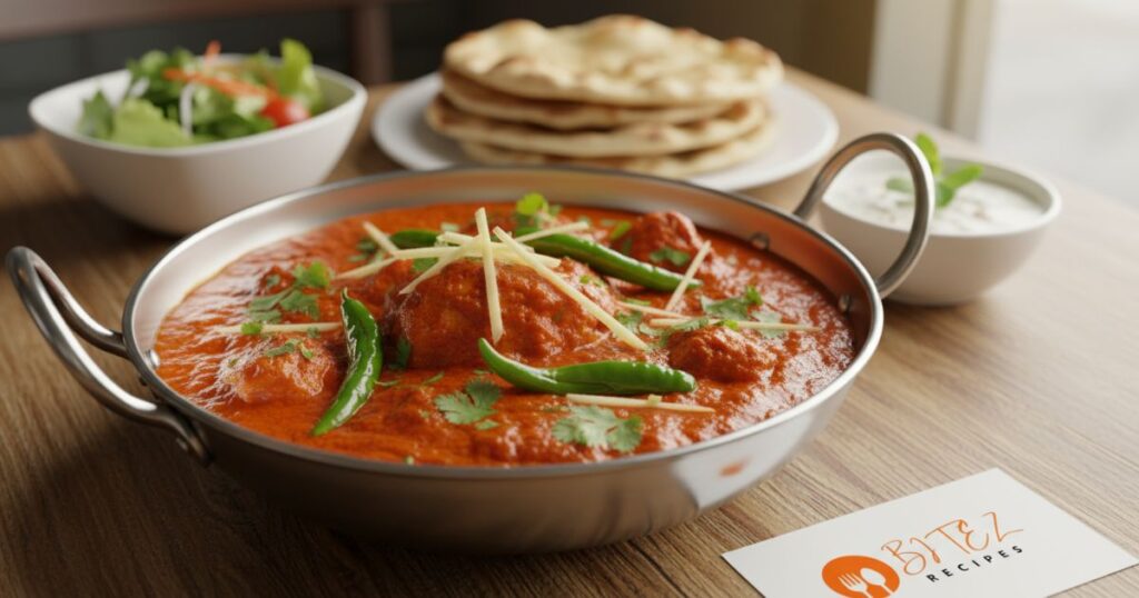 Restaurant-style chicken karahi served in a wok with naan and salad.