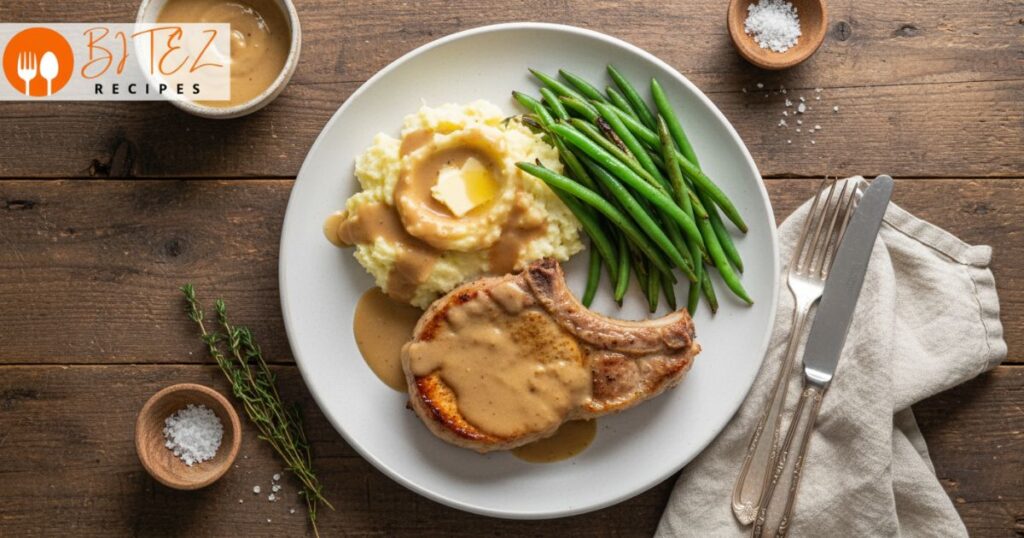 Juicy slow cooker pork chops with gravy, mashed potatoes, and green beans.