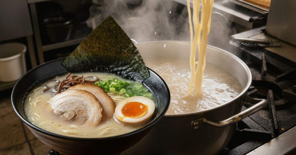 Thin Hakata noodles cooking in boiling water.