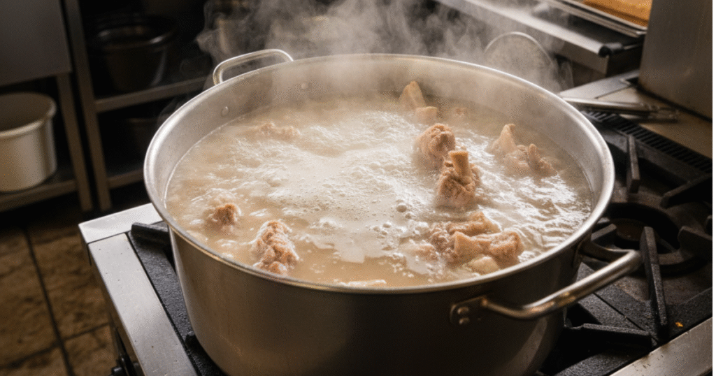 Pork bones simmering to make creamy tonkotsu broth.