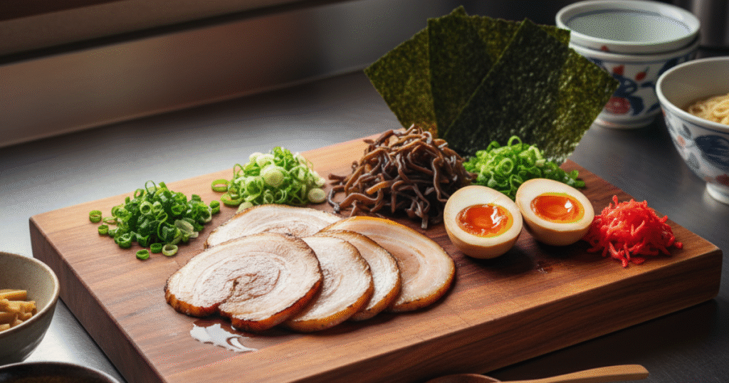 Ramen toppings prepared for Hakata ramen bowl.