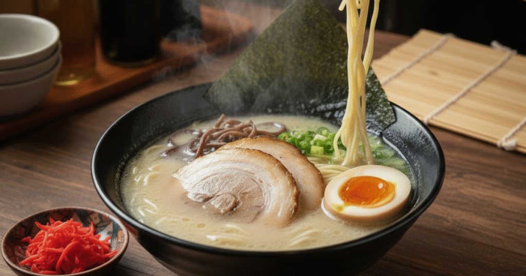 A finished Hakata ramen bowl with broth, noodles, and toppings.
